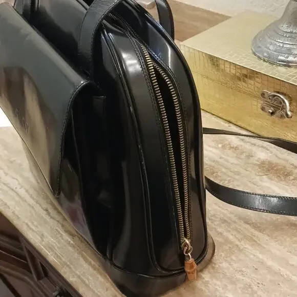 Gucci LARGE SIZE Patent Leather BLACK Shoulder Bag 12"x10" Double Straps Bamboo